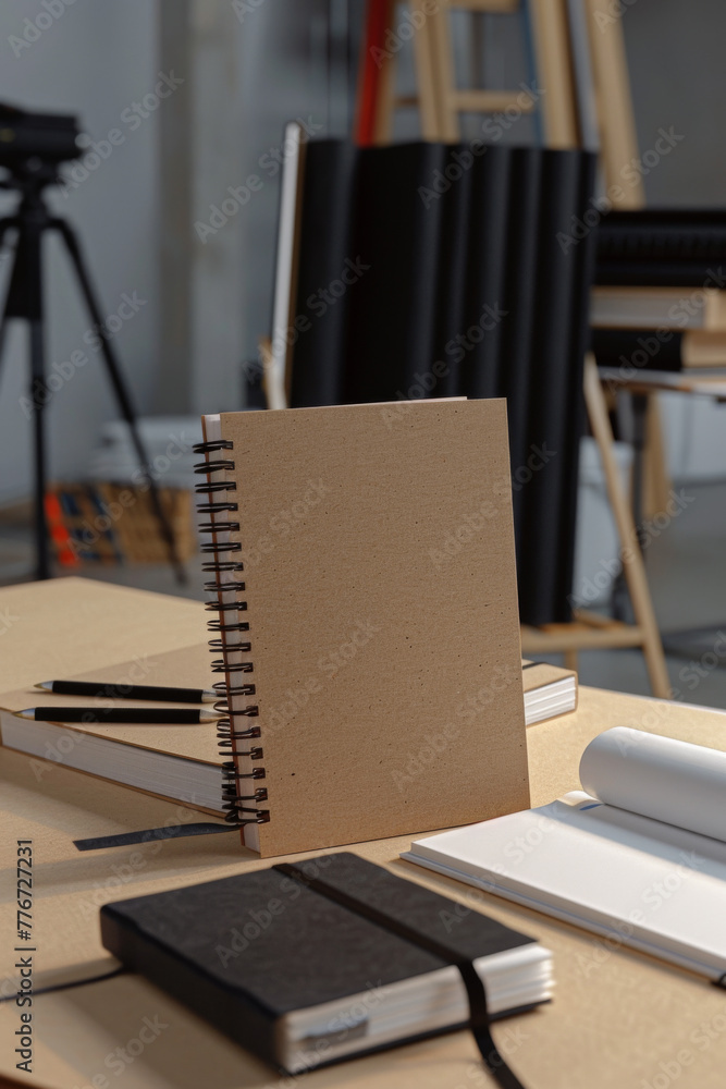 Poster a notebook sits on a table with other notebooks and a camera