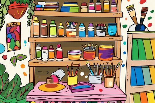 Cartoon cute doodles of a miniature art supply store with colorful paints, brushes, and canvases on shelves, Generative AI