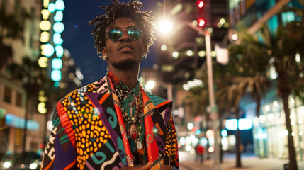 Against a backdrop of city lights a black man exudes effortless coolness in his eclectic ensemble. Mixing elements of bohemian style with bold unconventional prints and accessories . - obrazy, fototapety, plakaty