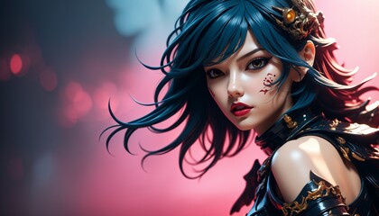 Naklejka premium Fantasy Anime Warrior with Blue Hair and Intricate Armor -- with Copy Space Background Wallpaper