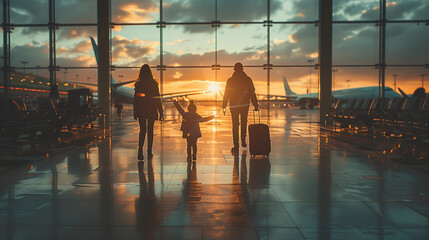 Family at airport travelling with young child and luggage walking to departure gate, girl pointing...
