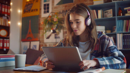 Digital Learning: A Young Woman's journey of mastering the French Language through an Online Platform - obrazy, fototapety, plakaty