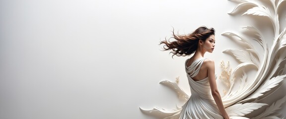 Elegant Woman with Flowing Dress and Feather Accents -- Banner with Copy Space Background Wallpaper