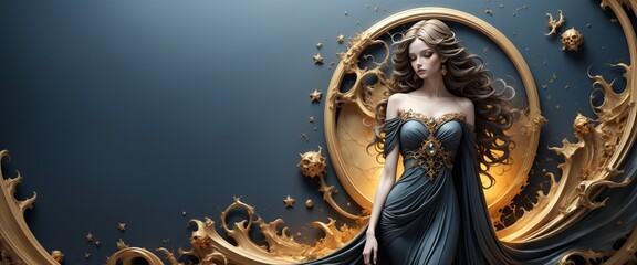 Ethereal Woman with Flowing Hair Surrounded by Golden Ornaments -- Banner with Copy Space Background Wallpaper