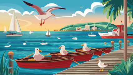 Coastal Serenity: Rowing Boats, Seagull on Pier - Vector Illustration for Seaside Holiday Travel Poster