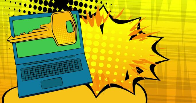 Cartoon Laptop, comic book Notebook with Key. Retro cartoon comics pop art animation.