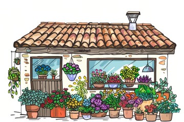 Fototapeta na wymiar Cartoon cute doodles of a miniature flower shop with colorful bouquets and plants arranged outside, Generative AI