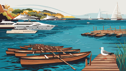 Fototapeta na wymiar Coastal Serenity: Rowing Boats, Seagull on Pier - Vector Illustration for Seaside Holiday Travel Poster