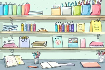 Cartoon cute doodles of a miniature stationery store with colorful pens, notebooks, and stickers on shelves, Generative AI