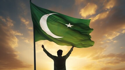 Happy man holding Flag of Pakistan in the sunset sky freedom and patriotism concept