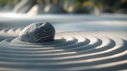 Fototapeta na wymiar Harmony in Motion Japanese Zen Garden with Round Stone in Raked Sand, Inspiring Tranquility and Mindfulness