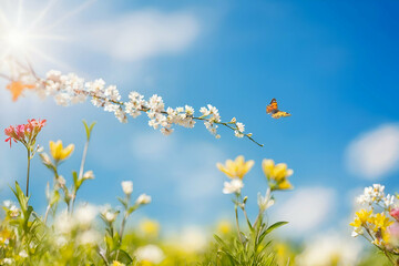 Beautiful blurred spring background nature with blooming glade, butterfly and blue sky on sunny day