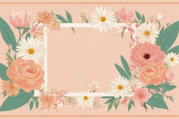 Spring flowers border on peach pastel background