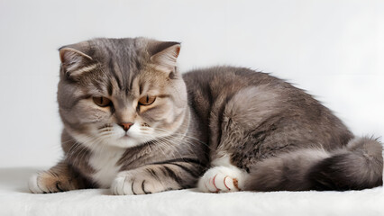 Obraz premium A cut scottish fold cat lying on a fluffy white blanket, isolated on grey background