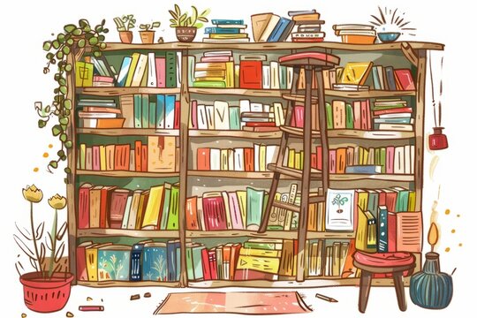 Cartoon cute doodles of a tiny bookstore filled with colorful books and reading nooks for cozy reading, Generative AI