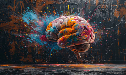 brain with circuits intertwined with paint splatters: Suggests that AI draws from both logic and creativity,generative ai - obrazy, fototapety, plakaty