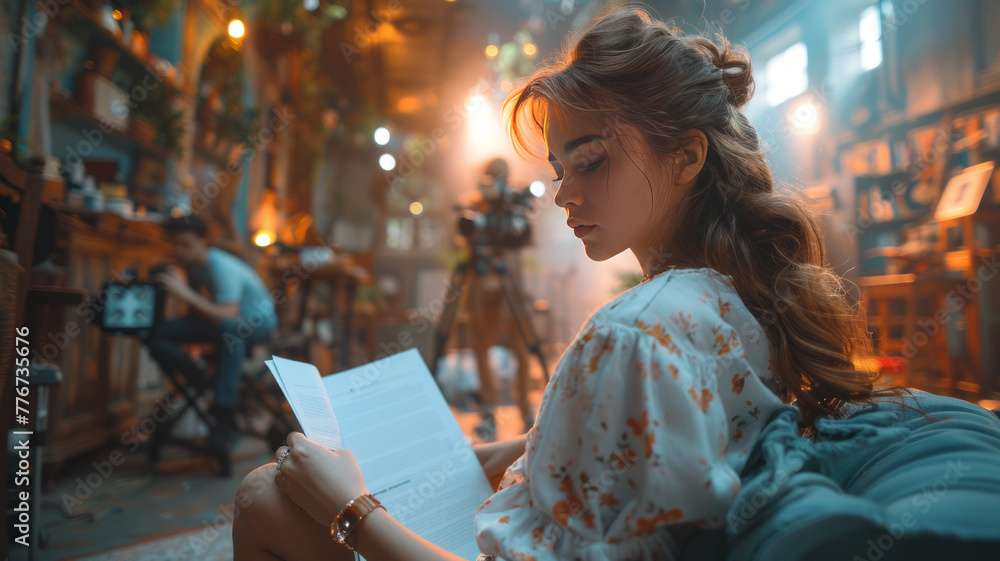 Poster back shot of an actress sitting on a chair in a movie set, holding and reading a script in one hand.
