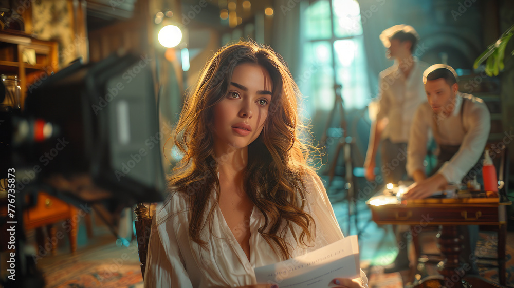 Poster back shot of an actress sitting on a chair in a movie set, holding and reading a script in one hand.
