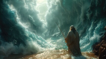 Obraz premium Portrait of the biblical back view of Moses dividing the sea with his stick: a depiction of divine power and liberation, with towering walls of water parting to reveal a path of destiny.