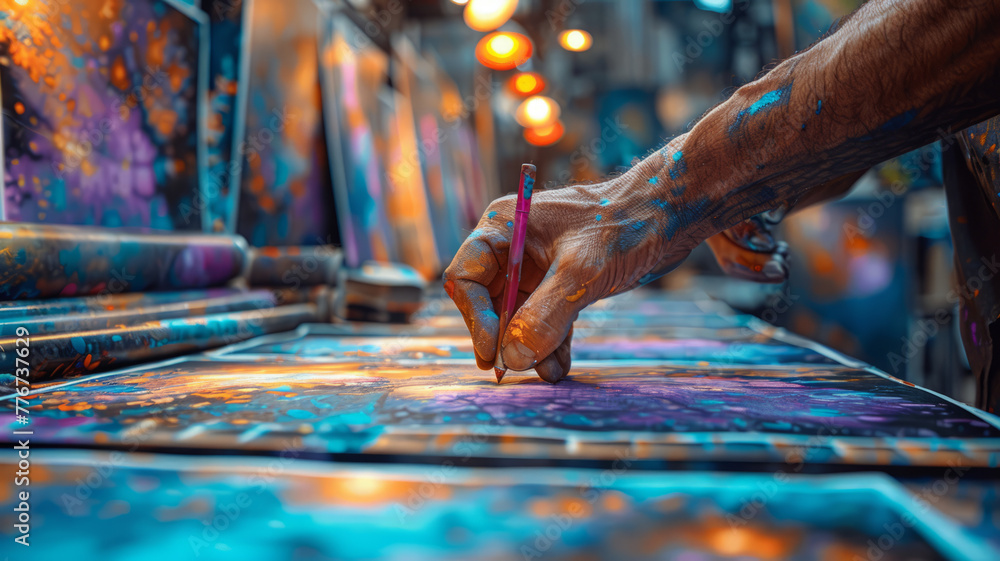 Poster an artist working on coloring book designs using a calibrated monitor.generative ai