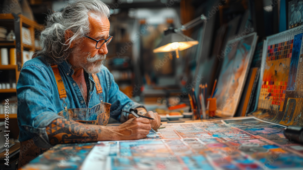 Poster an artist working on coloring book designs using a calibrated monitor.generative ai