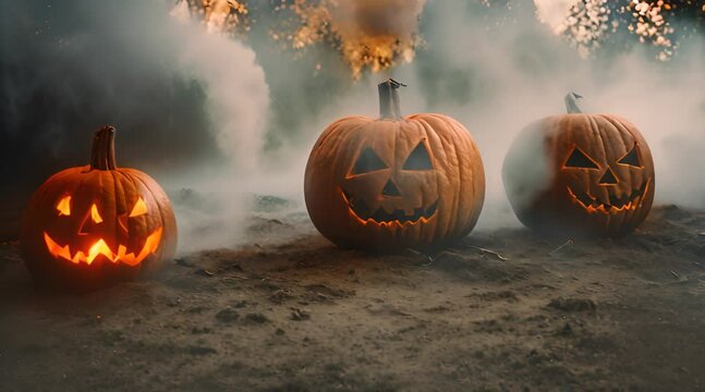 Halloween pumpkins are engulfed in powerful flames