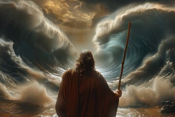 Portrait of the biblical back view of Moses dividing the sea with his stick: a depiction of divine power and liberation, with towering walls of water parting to reveal a path of destiny.