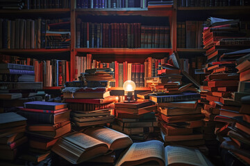 erene Moment of Reading Surrounded by Books Under a Soft Light, Embodying the Quiet of Night