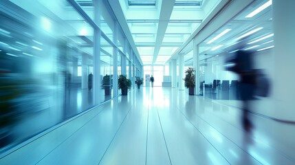 Interior of office and employees in company corridor, motion blur effect . generative AI