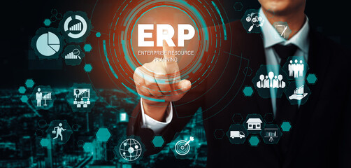 Enterprise Resource Management ERP software system for business resources plan presented in modern graphic interface showing future technology to manage company enterprise resource. uds - obrazy, fototapety, plakaty