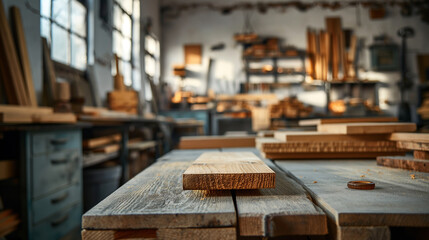 Closeup of a wooden plank on a workbench in a carpentry workshop with a blurred background of tools and materials - obrazy, fototapety, plakaty