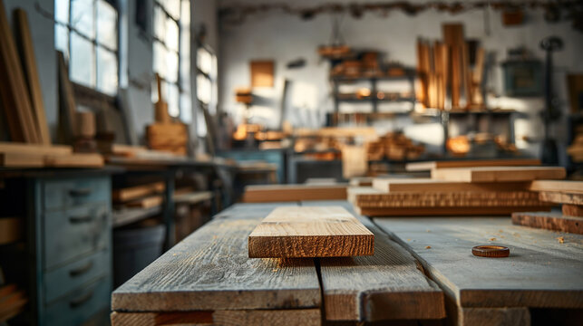 Closeup of a wooden plank on a workbench in a carpentry workshop with a blurred background of tools and materials