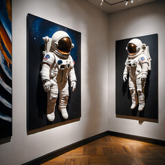 Space suits in an art gallery.