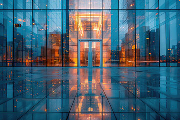 A photo of a modern skyscraper with its glass facade reflecting the city around it
