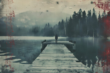 Vintage LP Album Cover: Lonely Pier and Reflective Lake with Red Accents - obrazy, fototapety, plakaty