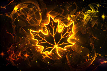 Neon silhouetted maple leaf with glowing stars isolated on black background.