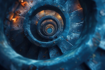A creative and artistic photo of a spiral staircase leading up to an unknown destination