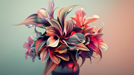  abstract digital art of flowers in a vase, vibrant colors, highly detailed, fantasy style, on a light background