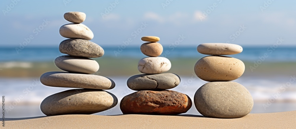 Poster a neatly arranged pile of rocks sits on the sandy beach with the vast ocean extending in the backgro