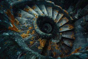 A creative and artistic photo of a spiral staircase leading up to an unknown destination