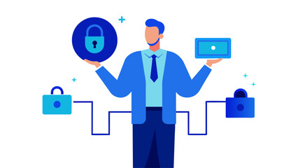 Obraz na płótnie Canvas Businessman holding security padlock button on virtual screens, technology internet and networking concept, blue sci-fi tone