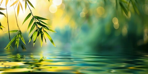A realistic painting depicting a bamboo tree extending over calm water. The trees intricate branches and leaves are reflected in the still surface of the water, creating a peaceful scene.