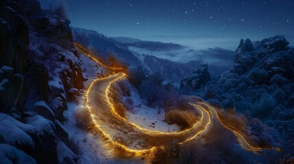 A long winding road with lights on the side of it, leading into the distance. The road is illuminated by the lights, creating a visual guide for drivers navigating through the dark night.