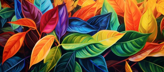 Vibrant painting showcasing a variety of colorful leaves set against a dramatic black background