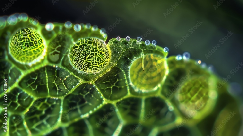 Poster a microscopic view of a stomata the small openings on the surface of a leaf where gases exchange bet