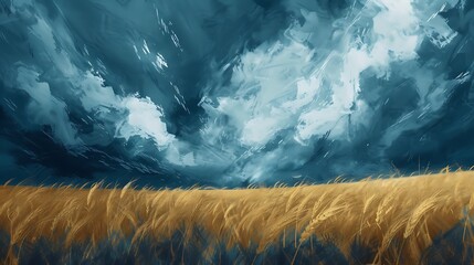 A stormy sky over the wheat field, painted in oil with brush strokes, blue and grey tones, in the...