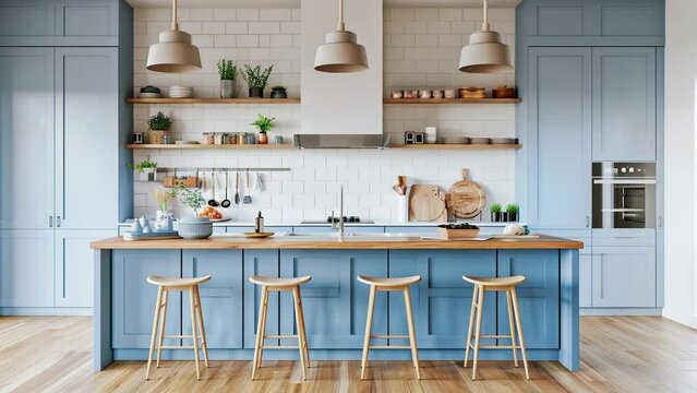 Interior of modern kitchen.  3d rendering of blue kitchen interior with white walls. Interior of modern spacious kitchen with built in appliances and dining zone. 4K Video