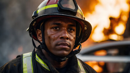 Portrait of an African American firefighter after fighting an emergency - obrazy, fototapety, plakaty