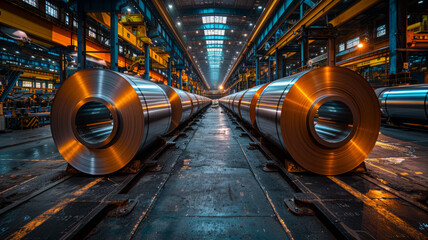 Large aluminium steel rolls in the factory.generative ai