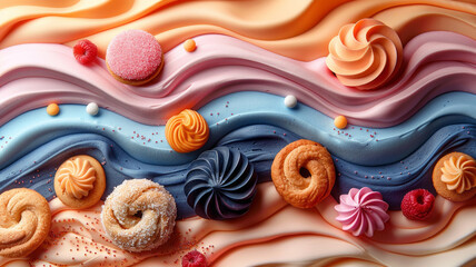 landscape of cookies, bakery, croissant, rolls, multicoloured, blue and peach gradient,generative ai
